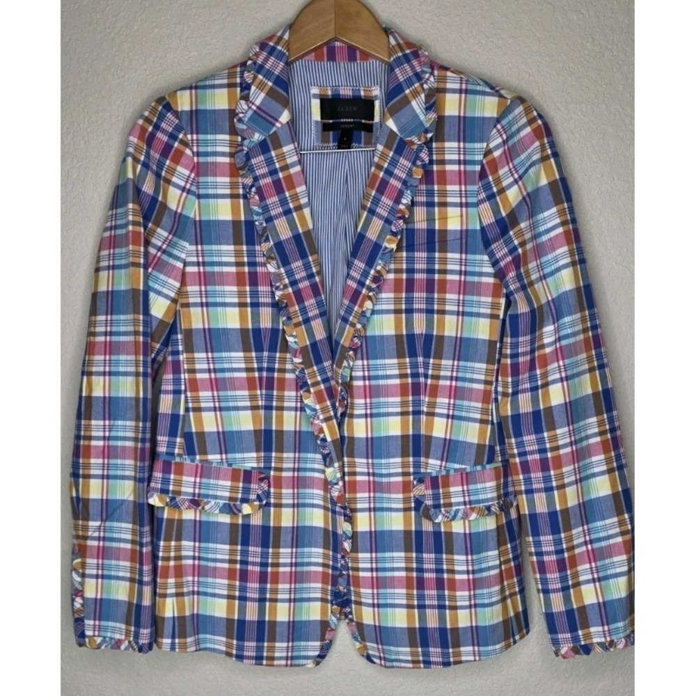 J Crew Regent Blazer 100% Cotton Plaid Lined Arms Pockets Women Sz 8 Ruffle Edge